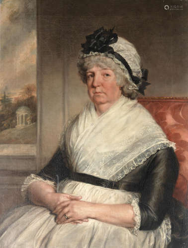 English Schoolcirca 1800 Portrait of lady, three-quarter-length, in a black and white dress, seated, a view to gardens and a folly beyond unframed