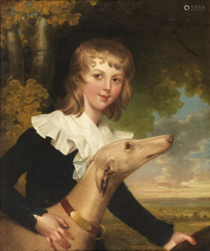 John Downman A.R.A(Denbighshire 1750-1824 Wrexham) Portrait of Master Twisden, three-quarter-length, in a blue coat, with a white collar, beside a whippet, holding a hat, in a landscape