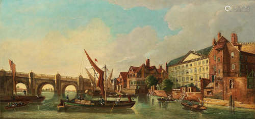English School19th Century Boats on the river Thames, London in a Kent-style frame