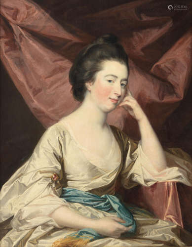 Francis Cotes(London 1726-1770) Portrait of Lady Fortescue, seated, half-length, in a white silk dress before a red curtain