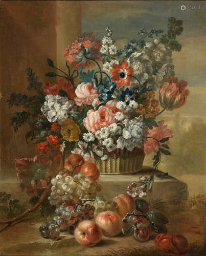 Pieter Casteels III(Antwerp 1684-1749 Richmond) A basket of tulips, roses, poppies and other flowers on a stone ledge with peaches and grapes in the foreground; and Melons, grapes and peaches before a stone ledge and a bronze urn filled with chrysanthemums, roses, tulips and other flowers  (2)