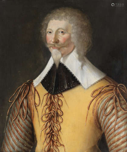 Circle of George Gower(circa 1540-1596 London) Portrait of a bearded gentleman, half-length, in a buff jerkin with a white lawn collar