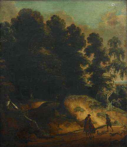 Attributed to Lodewijk de Vadder(Grimbergen 1605-1655 Brussels) A wooded landscape with huntsmen and their dogs on a track