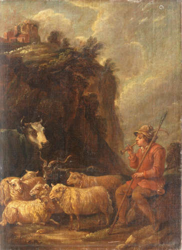 Circle of David Teniers the Younger(Antwerp 1610-1690) A drover with his herd in a rocky landscape