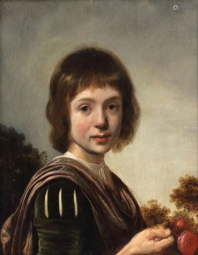 Dutch School17th Century Portrait of a boy, half-length, in a green coat holding flowers