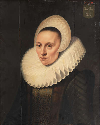 Circle of Cornelis van der Voort(Antwerp 1576-1624 Amsterdam) Portrait of a lady, half-length, in black costume with a white collar and headdress