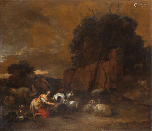 Nicolaes Berchem(Haarlem 1620-1683 Amsterdam) Peasants milking goats at dusk