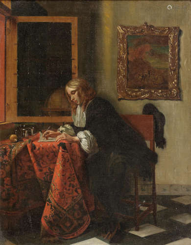 After Gabriel Metsu18th Century A gentleman writing a letter at a draped table in an interior