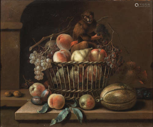 William Sartorius(active Britain, 1730-1740) Peaches, pears and grapes in a basket with a melon and a monkey on a stone ledge
