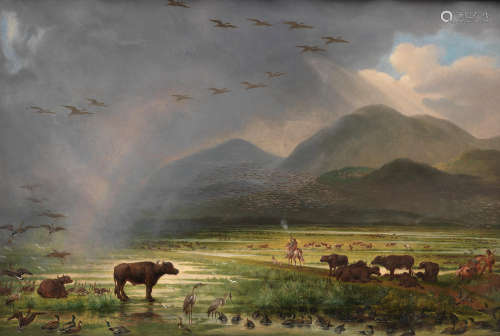 American School, 19th Century Huntsmen in an extensive landscape with water buffalo, ducks and herons