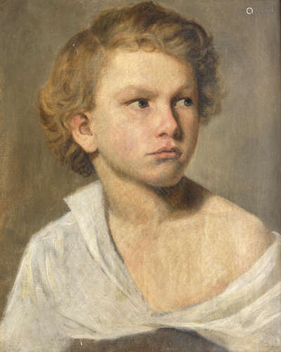 French Schoolearly 19th Century Portrait of a boy, in a white shirt and looking over his shoulder