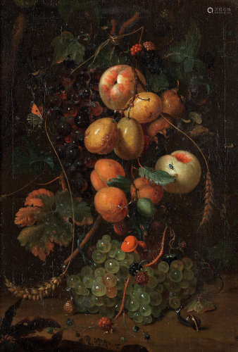 After Jan  Mortelearly 18th Century Peaches, plums and grapes with ears of corn hanging above a forest floor