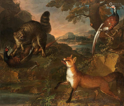 Heinrich Lihl(Ostrov 1690-circa 1756 Rastatt ) A wild cat with a pheasant and a fox in a landscape