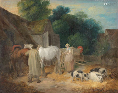 Francis Wheatley R.A.(London 1747-1801) A farmyard scene with horse and cart and pigs