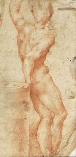 Circle of Jacopo di Giovanni di Francesco, called Jacone(Florence 1495-1553) A male nude leaning on a plinth (recto); and A standing male figure holding a book, and a further head study of Leonardo da Vinci(?) (verso)