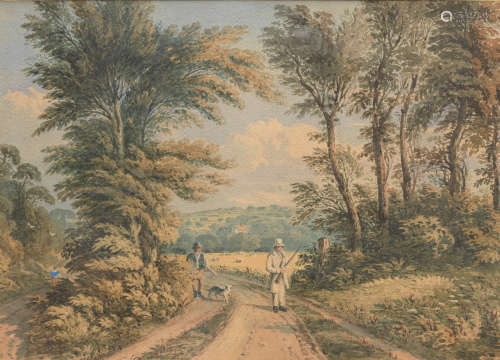 John Varley OWS(London 1778-1842) Sportsmen on a track among trees