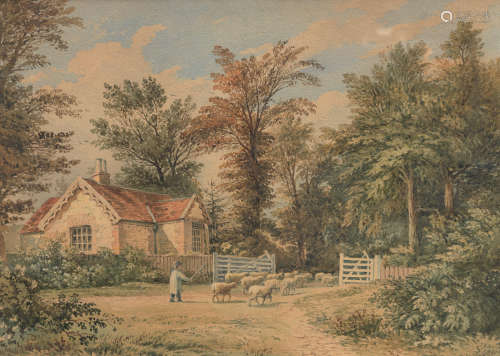John Varley OWS(London 1778-1842) A boy driving sheep past a gatehouse, Polesdon Lacey