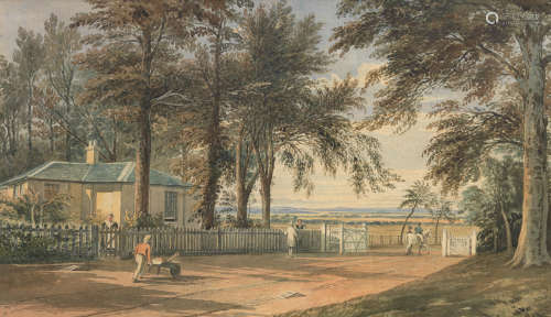 John Varley OWS(London 1778-1842) Figures by a gatehouse