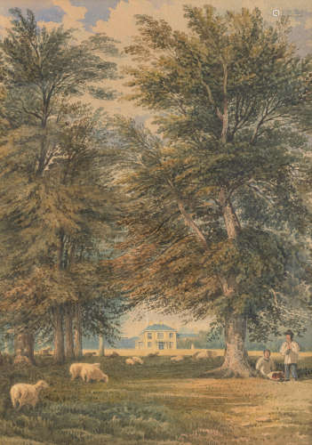 John Varley OWS(London 1778-1842) View of Polesdon Lacey from parkland with shepherds and sheep in the foreground