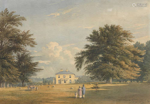 John Varley OWS(London 1778-1842) A country house seen from the park with figures in the foreground
