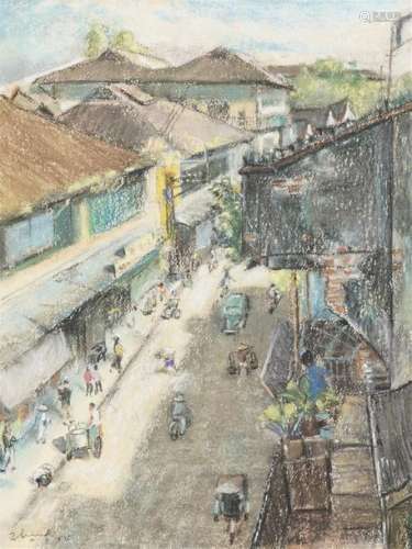 RUE ANIMEE PASTEL SUR PAPIER \nVietnam / Indochine,…