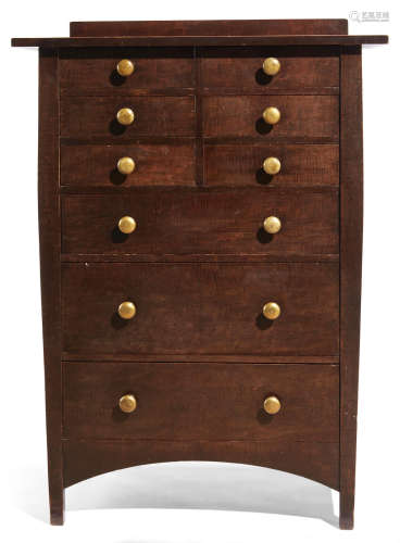 Chest of Drawerscirca 1910model no. 913, for the Craftsman Workshops of Gustav Stickley, Eastwood, New York, stained curly maple, inlaid with copper and fruitwoods, bronze pulls, faint paper labelheight 50 1/2 (128cm); width 36in (91cm); depth 20in (51cm)  Harvey Ellis (1852-1904); After