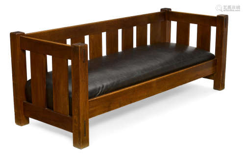 Crib Settlecirca 1905oak, leather height 29 3/4in (75.5cm); width 78 1/2in (199.3cm); depth 30 1/4in (76.8cm)  American Arts and Crafts