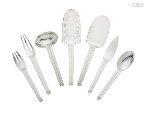 Cabourg Flatware Servicedesigned 1926sterling silver, comprising twelve dinner forks, twelve salad forks, twelve dinner knives, twelve dessert spoons, one sauce ladle, two serving ladles, each element stamped 'EP' with French assay marks (51)  Jean E. Puiforcat (1887-1945)