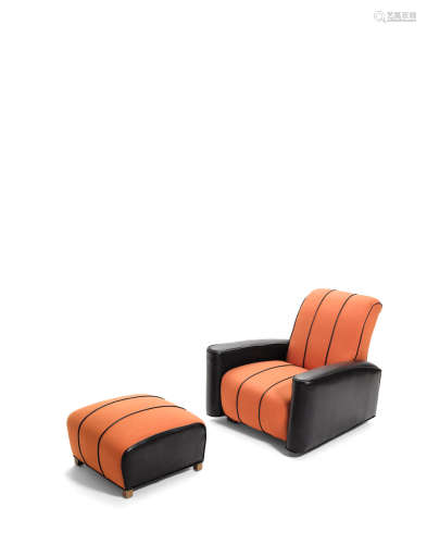 Lounge Chair and Ottoman1940model no.'s 3445-W and 3453-W, for Herman Miller, leather, textured cotton, painted woodheight of chair 33in (83.8cm); width 32in (81.2cm); depth 36in (91.4cm); height of ottoman 11in (27.9cm); width 22in (55.8cm); depth 22in (55.8cm)  Gilbert Rohde (1894-1944)
