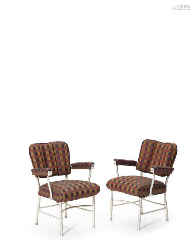 Pair of Open Armchairs1930saluminum, upholstery, underside with metal tag stamped 'CCF-47067 and 47740'height 33 1/2in (85cm); width 25in (63.5cm); depth 26in (66cm)  Warren McArthur (1885-1961)