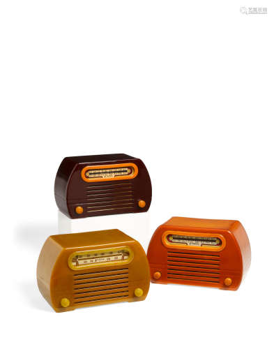 Three 652 Series Radios1945deep red catalin case with yellow knobs, butterscotch catalin case with yellow knobs, green catalin case and knobsheight of largest 6 3/4in (17.14cm); width 22 5/8in (57.4cm); depth 6 1/4in (15.8cm)  Fada Radio and Electric Co. Inc (Founded 1920)