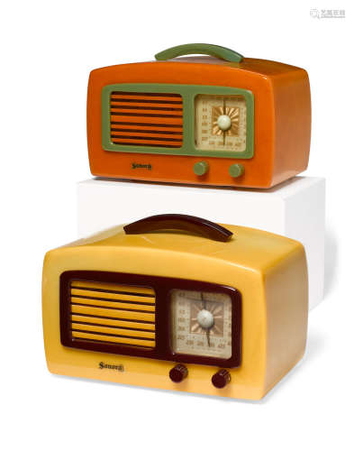 Two KM Radios1941yellow catalin case and grille with brown handle and knobs, butterscotch catalin case and grille with green handle and knobs, with Sonora decalsheight 6 1/4in (15.87cm); width 9in (22.8cm); depth 5 3/4in (14.6cm)  Sonora Coronet (Founded 1906)
