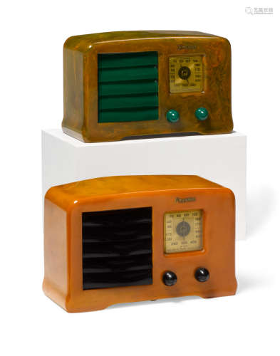 Two Little Miracle Radios1938model AX235, green catalin case with green louvered grille and knobs, yellow catalin case with black louvered grille and knobs, both with Emerson decalheight 5 1/2in (13.9cm); width 8 1/2in (21.5cm); depth 4 1/4in (10.7cm)  Emerson Radio and Phonograph Corporation (Founded 1922)