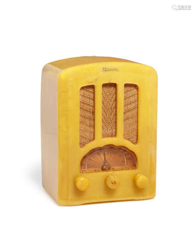 Cathedral1937yellow catalin case with matching knobs, cloth grille, with Emerson decalheight 10 1/4in (26cm); width 7 3/8in (18.7cm); depth 6in (15.2cm)  Emerson Radio and Phonograph Corporation (Founded 1922)