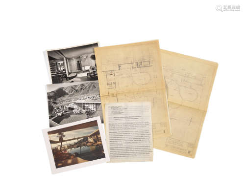 Collection of Raymond Loewy Palm Springs House Ephemeracirca 1946comprising two period blueprints of the Loewy House from the office of Clark & Frey Architects, two period Julius Shulman black and white photographs of the Loewy House, a color photograph of the Loewy House; and a period manuscript of design notes on the Loewy House from Raymond Loewy Associates, blueprint with Clark & Frey mark, black and white photographs with Julius Shulman credit stamps on versoblueprints 18 x 24in (46 x 61cm); black and white photographs 8 x 10in (20 x 26cm); color photograph 7 x 9in (18 x23in); 8 1/2 x 11 (22 x 28cm)  Raymond Loewy (1893-1986)