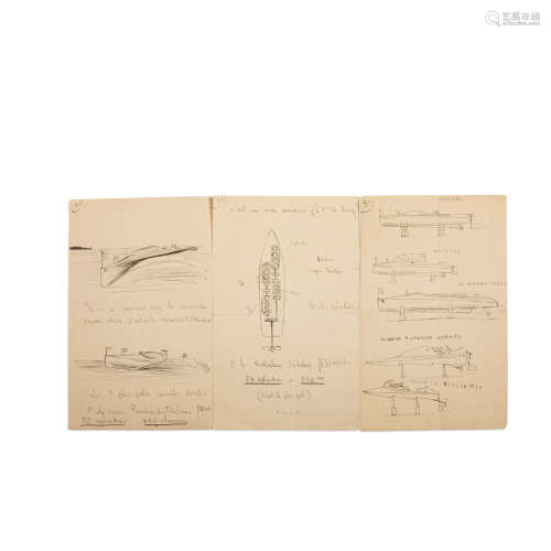 Group of Futurist Boat Sketches1908ink on paper, with extensive notes in French, two sheets with drawings on both sides, one sheet with drawings on front and notations on the reverseeach sheet 7 x 4 1/2in (18x 12cm)  Raymond Loewy (1893-1986)
