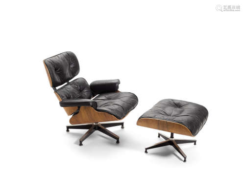 670 Lounge Chair and 671 Ottomandesigned 1956laminated rosewood, black leatherheight of chair 31 3/4in (80cm); width 31 1/2in (80cm); depth 37 3/4in (95cm); height of ottoman 16in (40cm); width 26in (66cm); depth 23 1/2in (59cm)  Charles (1907-1978) & Ray Eames (1912-1988)