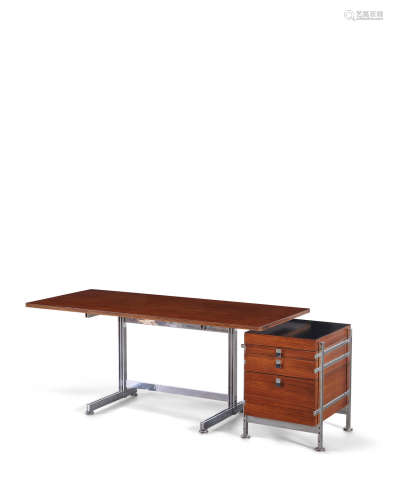 Desk and File Cabinetcirca 1970mahogany, chrome plated steel, each handle stamped 'WABBES'desk height 29 1/4in (74cm); width 71in (180cm); depth 30in (76cm); cabinet height 27in (68.5cm); width 23in (58.5cm); depth 20 1/2in (52cm)  Jules Wabbes (1919-1974)