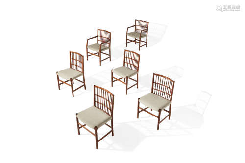 Set of Six Rare Lattice Chairs with Rounded Cornerscirca 1950designed 1942, for Johannes Hansen, comprising a pair of armchairs and four side chairs, Cuban mahogany, later upholstery, paper labels 'JOHANNES HANSEN SNEDKERMESTER TELEFON 13940'armchair height 34 1/2in (88cm); width 23 1/2in (60cm); depth 18in (48cm); side chair height 33 3/4 (86cm); width 17in (43cm); depth 20 1/2in (52cm)  Hans Wegner (1914-2007)