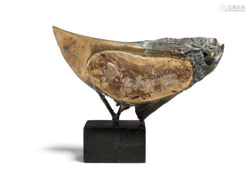 Brutalist Fish on Stand circa 1970patinated bronze, petrified fish, marble overall height 12in (30cm); width 18in (46cm); depth 5in (13cm)   Mario Agostinelli (1915-2000)
