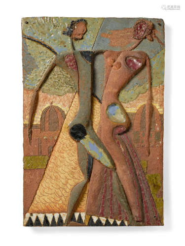 Figural Abstraction1968unique plaque for Gustavsberg, stoneware, incised 'TL 68'22 x 15in (56 x 38cm)  Tyra Lundgren (1897-1979)