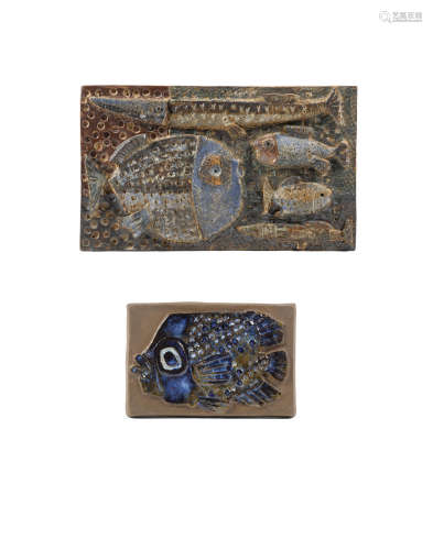 Fish Plaquecirca 1970glazed stoneware, signed 'T' on backing board, together with an Inge-Lise Koefoed faience fish plaque for Aluminia, 1960sheight 10in (25.4cm); width 16 3/4in (42.5cm); depth 2in (5.1cm)  Tyra Lundgren (1897-1979)