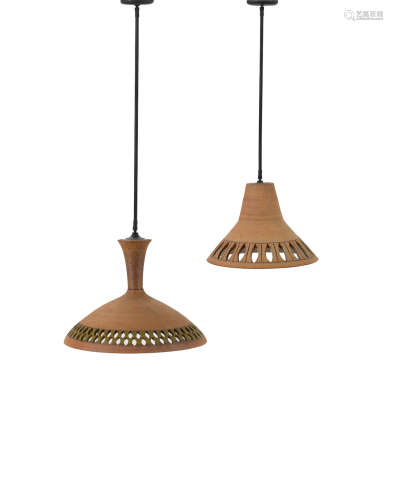 Two Ceiling Lightslate 1950searthenwareheights 14 and 18in (35.5 and 45.7cm); overall heights 43 1/4 and 54in (109.8 and 137.1cm); diameters 18 and 23in (45.7 and 58.4cm)  Raul Coronel (born 1926)
