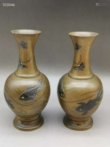 Pair of Japanese Meiji Bronze Vases Inlaid Silver