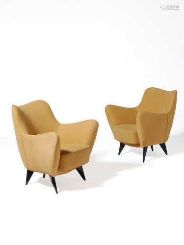 Pair of Perla Lounge Chairscirca 1950for I.S.A. Bergamo, upholstery, ebonized woodheight 34in (87cm); width 31in (79cm); depth 30in (76cm) Giulia Veronesi
