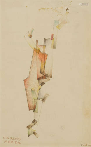 Untitled (Abstract Study)1946ink and colored pencil on paper, signed lower right 'Carlos Merida' and dated lower left '7 oct 46'image 8 x 3in (20.32 x 7.6cm), sheet 9 1/4 x 7in (23.5 x 17.8cm) Carlos Mérida (1895-1984)