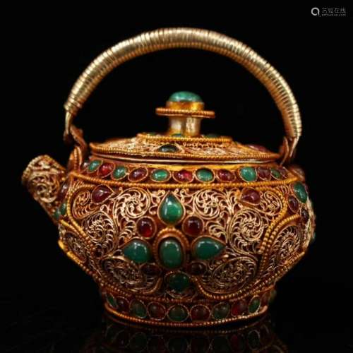 Chinese Gilt Silver Teapot Inlaid Gems
