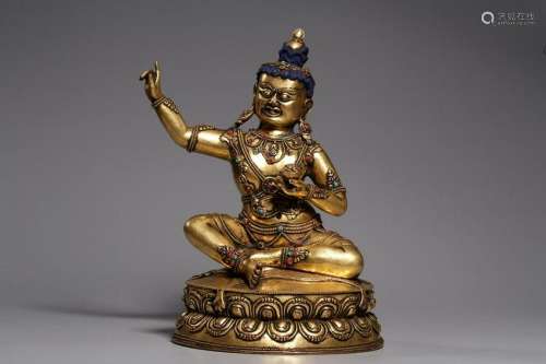 Qing Chinese Gilt Bronze Buddha w Turquoise