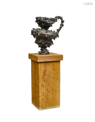 Jug on Pedestalcirca 1993patinated bronze, waxed oak pedestalheight of jug 28in (71.5cm); width 26in (66cm); depth 20in (51cm); height of pedestal 40in (102cm); width 20in (51cm); depth 20in (50.8cm) Andrew Lord (born 1950)