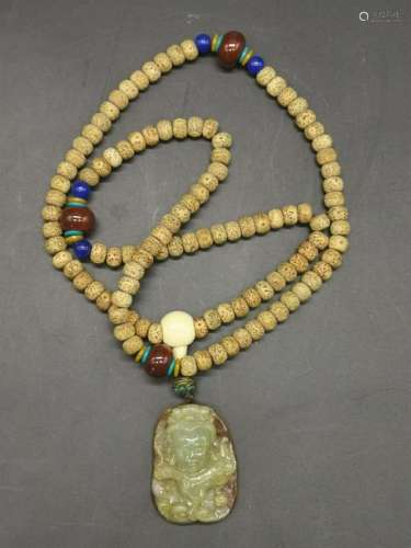 Chinese Bodhi Beads Necklace w Jadeite Pendant
